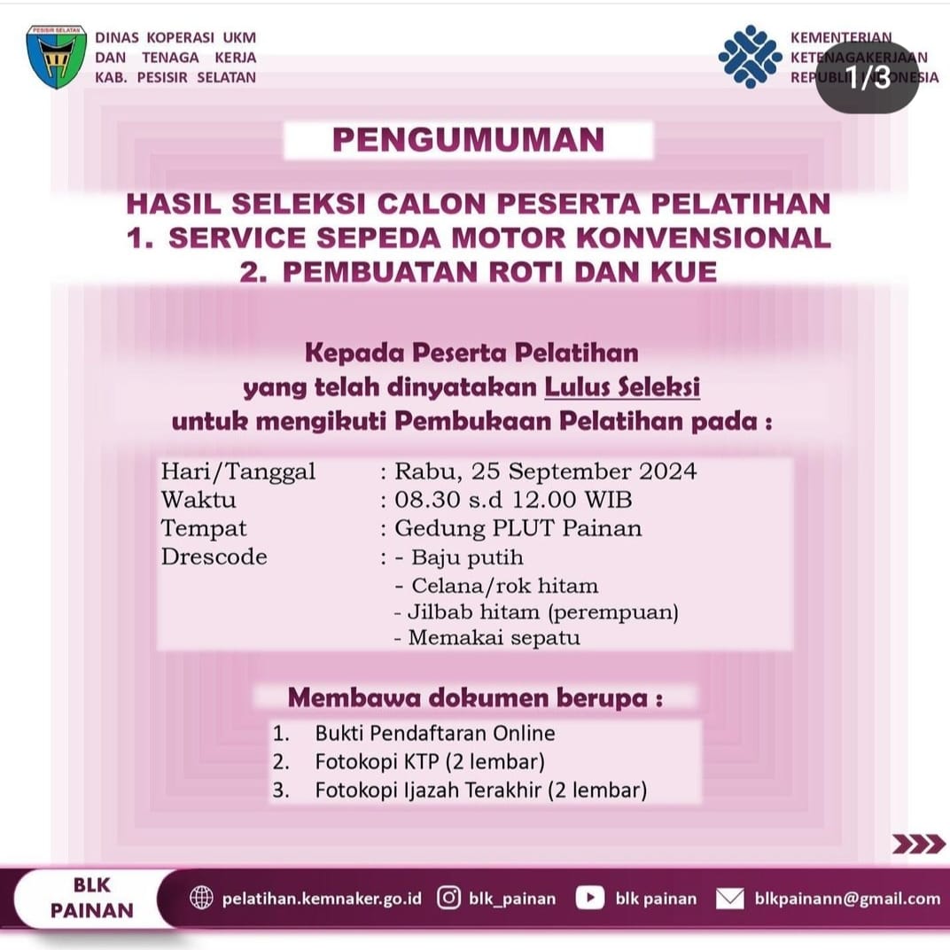 PENGUMUMAN HASIL SELEKSI CALON PESERTA PELATIHAN 